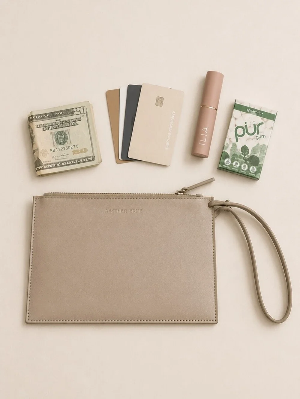 AESTHER EKME Leather Wristlet/Zip Pouch In Cream/Ivory Minimalist Made in Spain‎